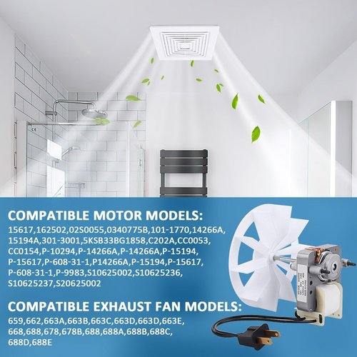 S97012038 Bathroom Vent Exhaust Fan Motor Replacement Electric Motors Kit Fit for Broan 659 662 663 668 678 688 50CFM 97012038 Exhaust Fan Motor 120V 3000RPM 60HZ 0.29A