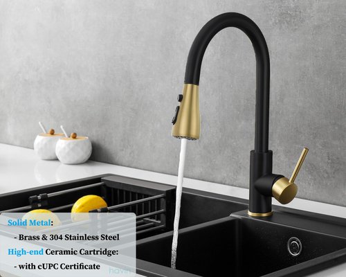 Havin Gold and Black Pull Down Kitchen Faucet with ABS Sprayer,High Arc Stainless Steel Material,with cUPC Cartridge,Sink Faucet Without Deck Plate,Fit for One Hole Kitchen Sink and Laundry Sink