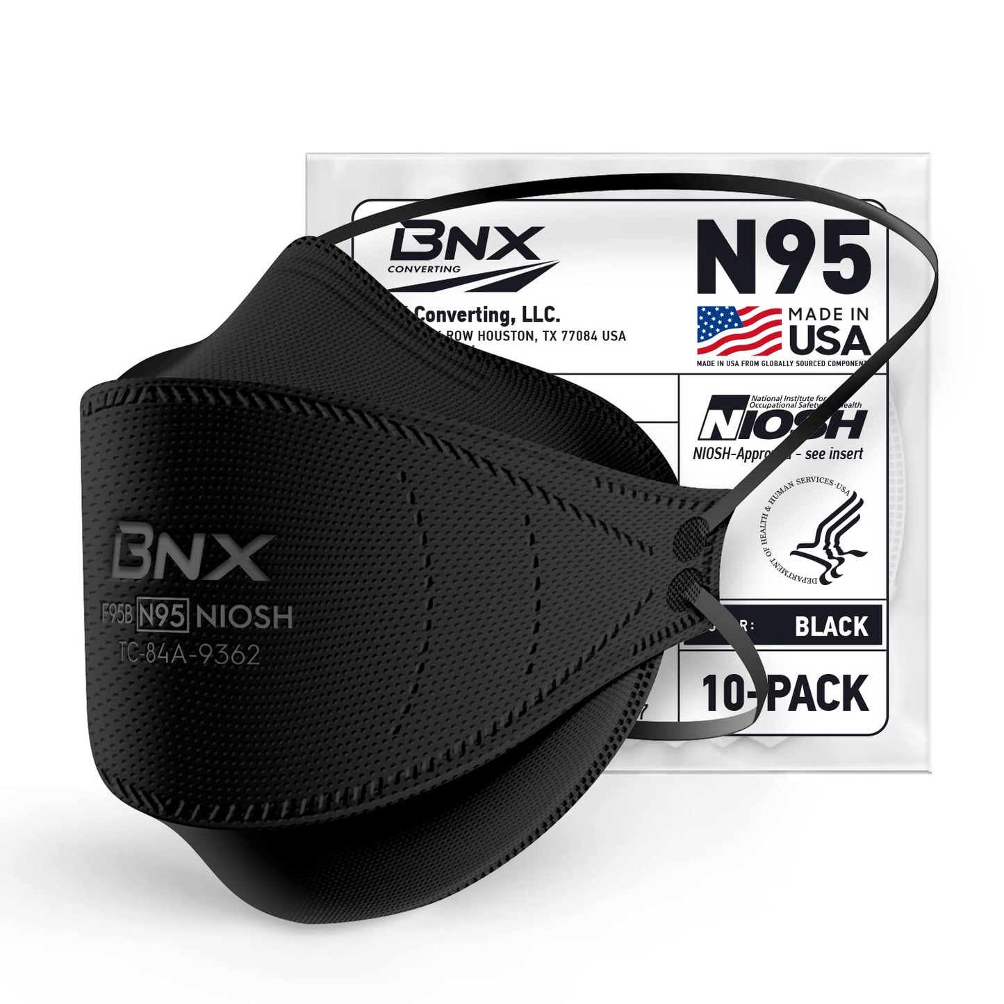 BNX N95 Mask Black NIOSH Certified MADE IN USA Particulate Respirator Protective Face Mask, Tri-Fold Cup/Fish Style, (10-Pack, Approval Number TC-84A-9362 / Model F95B) (Headband) Black