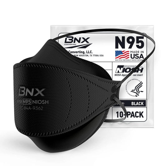 BNX N95 Mask Black NIOSH Certified MADE IN USA Particulate Respirator Protective Face Mask, Tri-Fold Cup/Fish Style, (10-Pack, Approval Number TC-84A-9362 / Model F95B) (Headband) Black