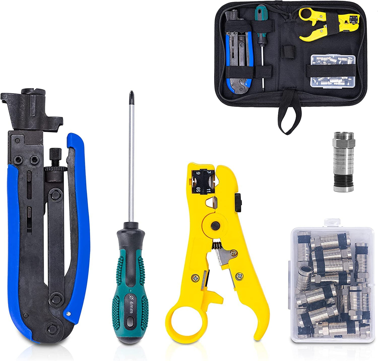 KOTTO Coax Cable Crimper Kit - Adjustable Compression Tool for RG6, RG59, RG11 - Includes Coaxial Cable Stripper and 20 F Compression Connectors