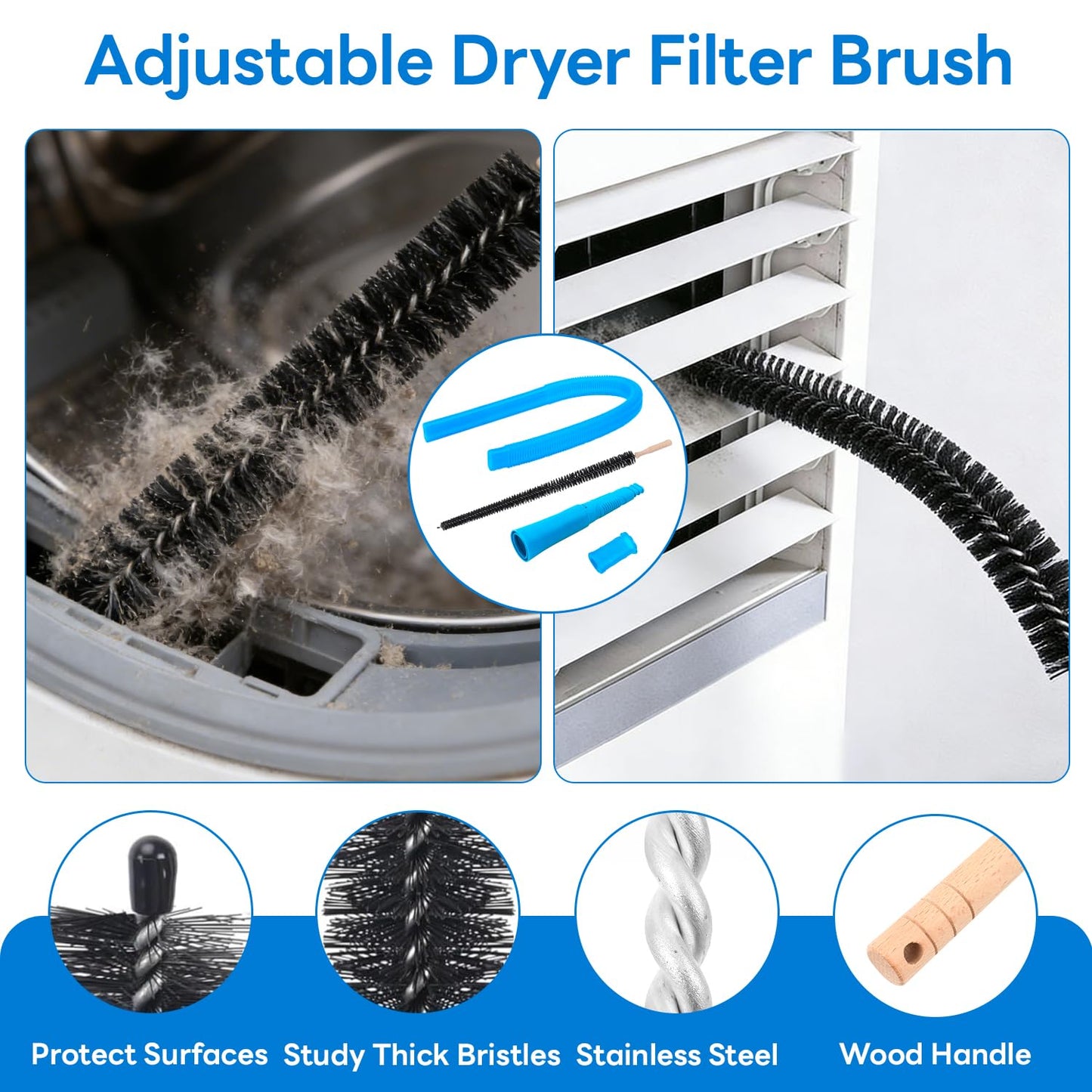 EEVAROSEN Universal Dryer Vent Cleaner Kit, Flexible Dryer Vacuum Hose Attachment and Lint Brush (Blue)