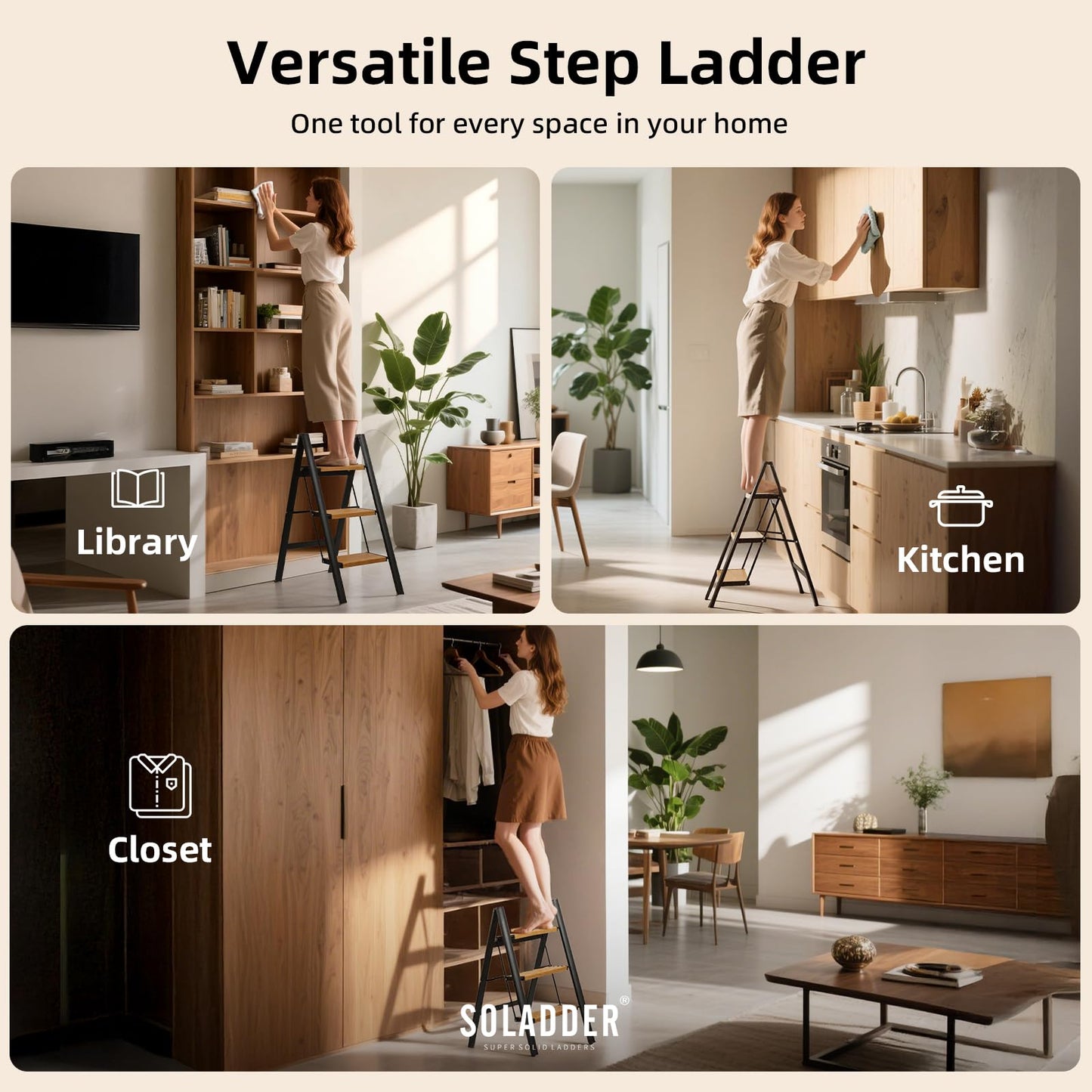 SOLADDER 3 Step Ladder, Anti-Slip and Lightweight Foldable Step Ladder for Adults & Kids to Use in Kitchen,Closet and Library,300lbs(Black+Woodgrain)