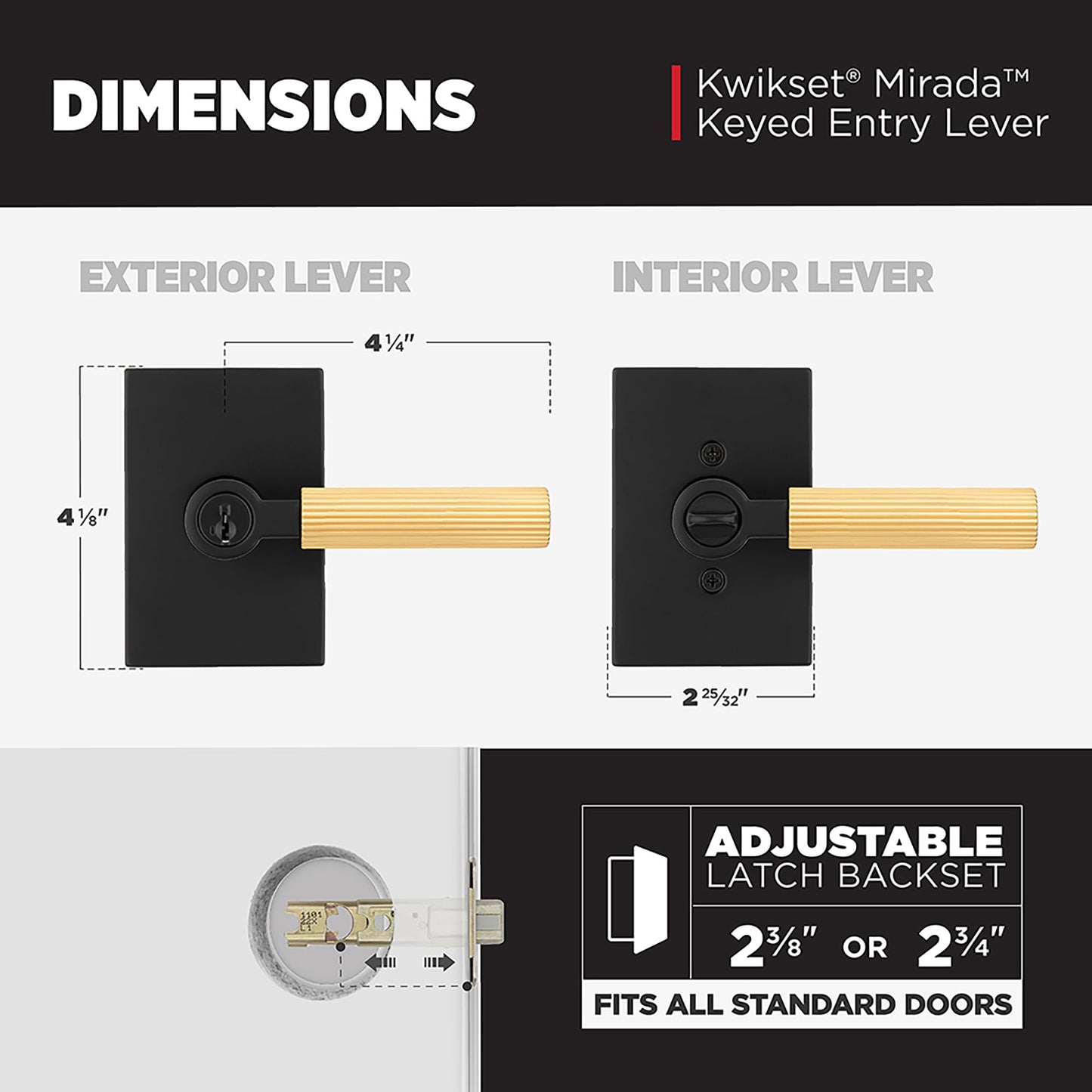 Kwikset Mirada Reeded Entry Door Handle with Lock and Key, Secure Keyed Reversible Lever Exterior, Door Lock for Front Door, Matte Black Satin Brass, Pick Resistant SmartKey Security and Microban