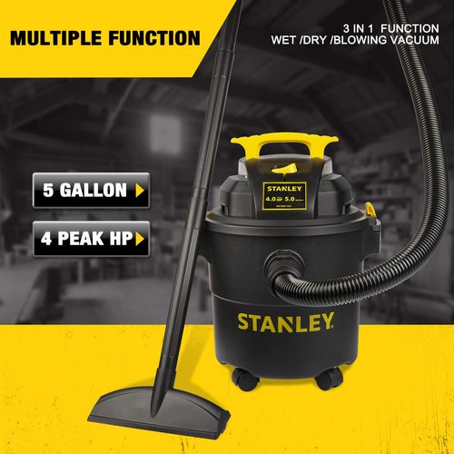STANLEY Shop Vac SL18115P, 5 Gallon Peak 4 Horsepower Wet Dry Vacuums, Blower 3 in 1 Functions 15 Feet Cleaning Range for Garage, Carpet Clean, Shop Cleaning, Car Detailing with Attachments