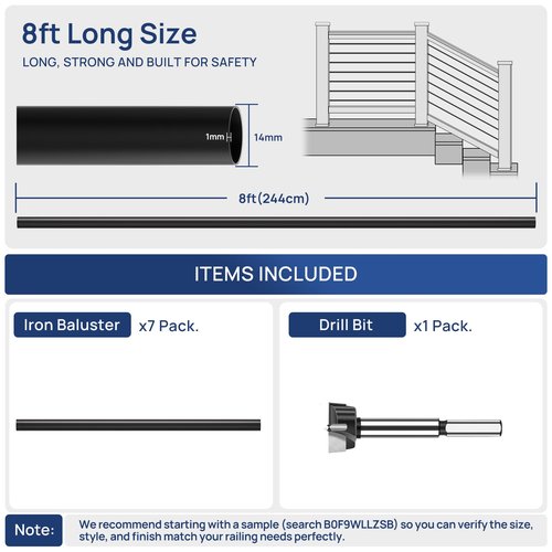 7 Pack 8 FT x 35/64 inch Iron Stair Balusters with 14mm Wood Drill Bit, Matte Black Hollow Horizontal Interior Baluster, Stair Railing Spindles for Indoor Staircase
