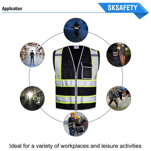 SKSAFETY 10 Pockets Safety Vest, Class 2 High Visibility Security with Zipper, Hi Vis Vest with Reflective Strips, ANSI/ISEA Standard, Construction Work Vest for Men ＆ Women （Black, M）