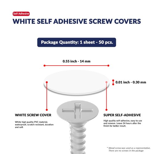 White Self-Adhesive Screw Hole Stickers - 50 pcs. 0.55 inch / 14 mm Peel Stick Dust Proof Tape, Water Resistance PVC Caps for Wood Cabinets, Furniture, Drawer, Wardrobe, Kitchen, Table