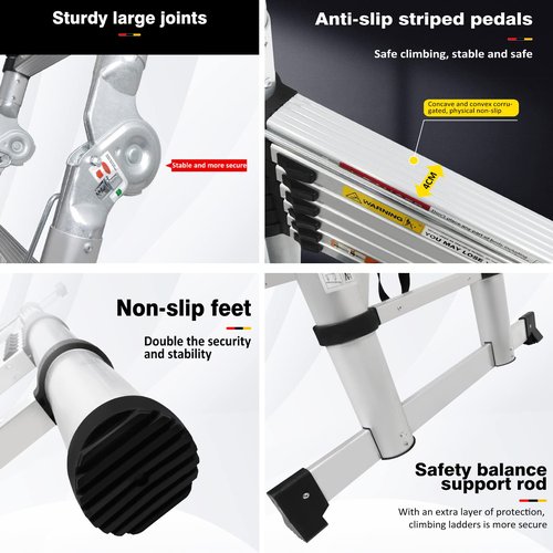 8.2ft+8.2ft Aluminum Telescoping Extension Ladder 330lbs Max Load Portable Multi-Purpose Extension A-Frame Ladder for Indoors Outdoors with Stabilisator Bar, Closed Height 34in, EN 313, Silver