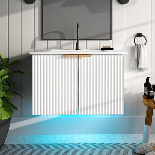 Bathroom Vanity with Sink, 30" Wall Mounted Floating Vanity Cabinet, Modern Bathroom Sinks with LED Light, Metal Handle & Double Soft-Close Doors, Black