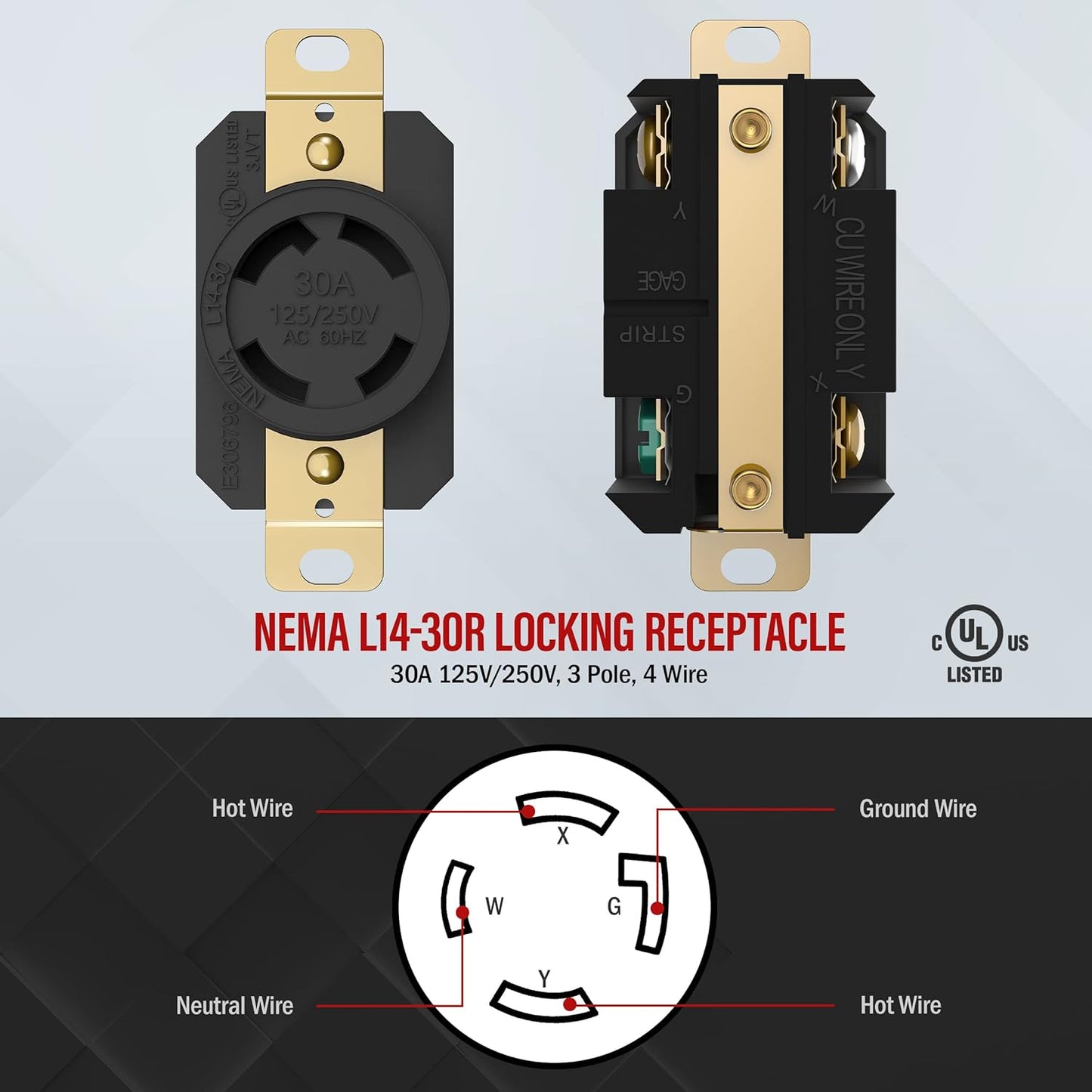 ENERLITES NEMA L14-30P Locking Plug Connector for Generator, Twist Lock Male Plug, 30 Amp, 125/250 Volt ,3 Pole, 4 Wire Grounding, Industrial Grade Heavy Duty, UL Listed, 66470-BK, Black