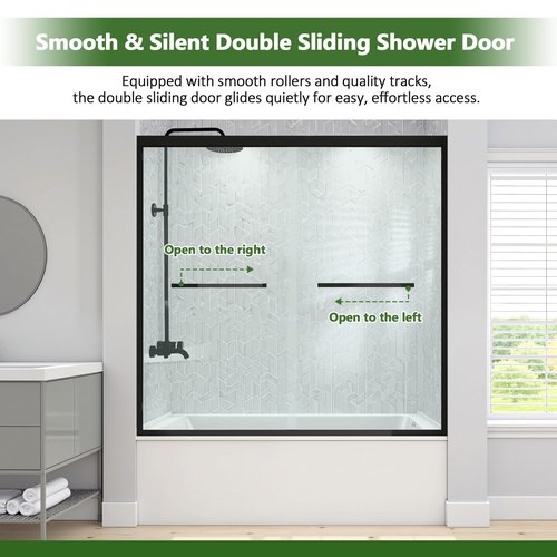 Double Sliding Bathtub Door Glass Tub Door, 1/4''(6mm) Tempered Glass, Adjustable Width, Easy to Install & Clean, 56-60''W×58''H, Matte Black