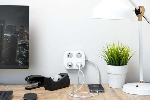 GE 3-Outlet Surge Protector with USB, 245 Joules, 1 USB-A & 1 USB-C Port, 4ft Braided Extension Cord, Flat Plug, Adapter-Spaced Outlets, ETL Certified, White/Gray, 85874