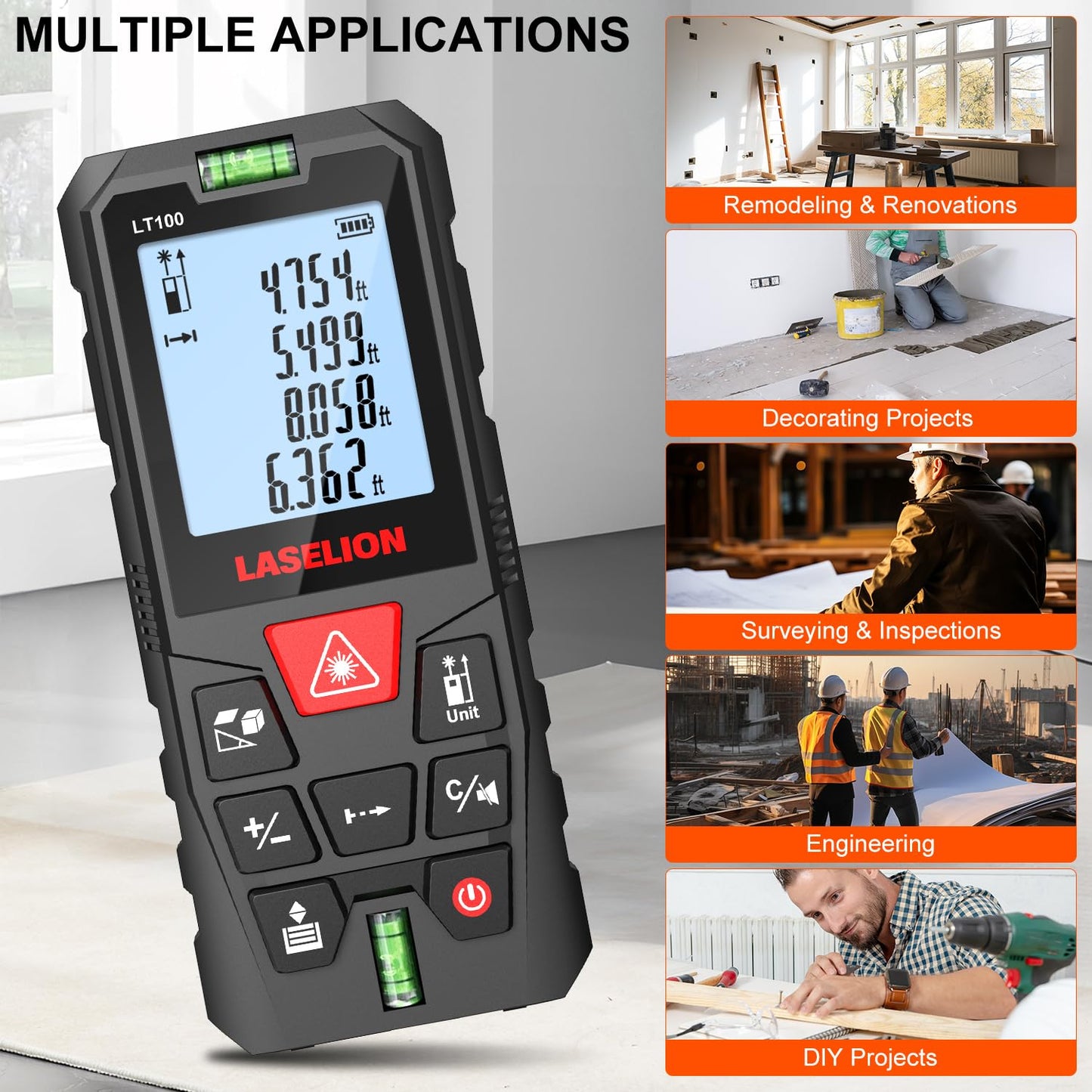 LT100 Laser Measure, 328ft/100m Laser Measurement Tool, with 2 Bubble Levels, Measuring Tool 4 Units Conversion、LCD Backlit Display, IP54 Waterproof, Pythagorean Mode for Distance, Area, Volume