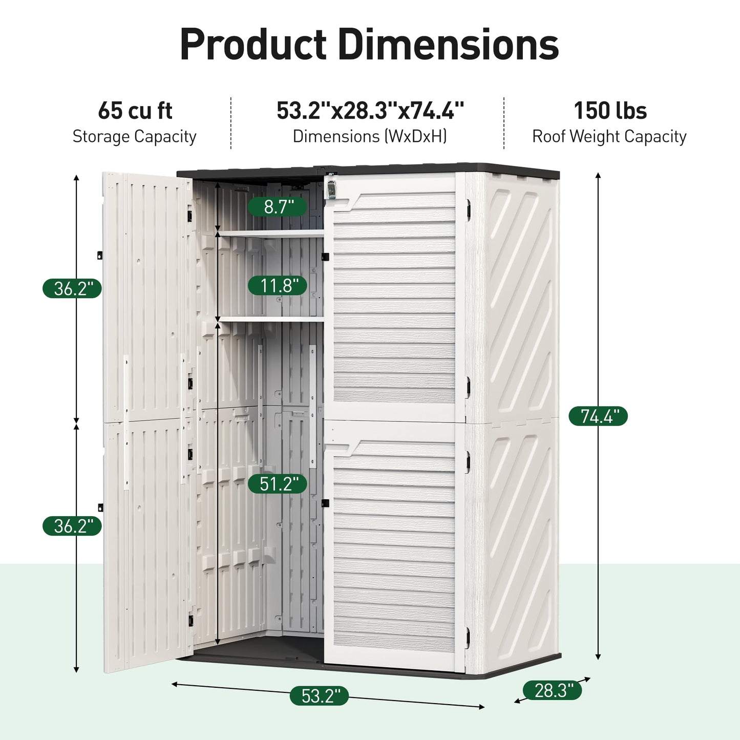 WillowLume 65 Cu.Ft Outdoor Storage Shed, Lockable Outdoor Vertical Resin Storage Cabinet with Floor, All-Weather Waterproof Shed for Garden, Backyard, Pool (65 cu ft - 2 Shelves)