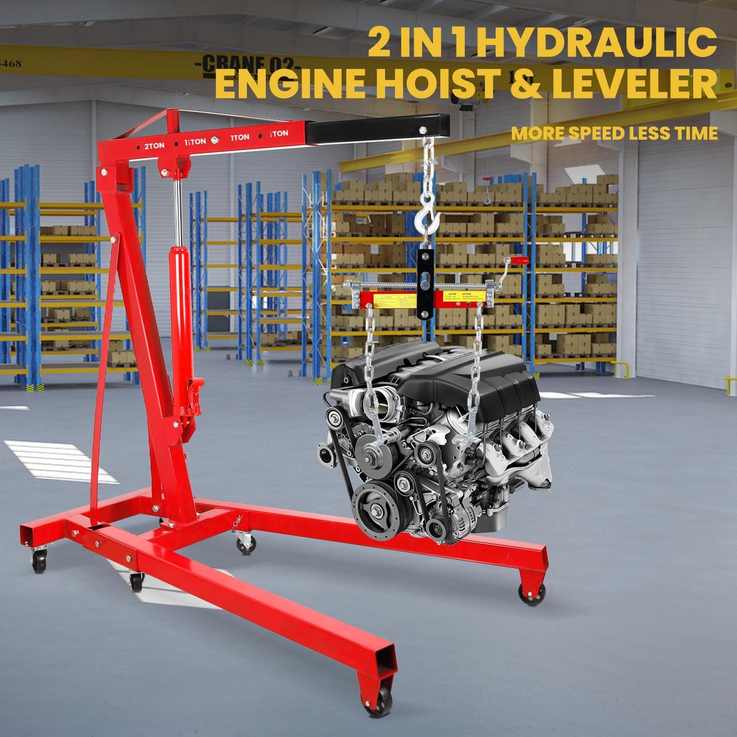 Engine Hoist Cherry Picker with Leveler, 2-Ton Folding Hydraulic Workshop Crane Lift with 6 Swivel Wheels and Telescopic Boom, 4400 Lbs Capacity Heavy-Duty Crane for Garage, Automotive Repair (Red)