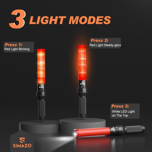 SIMAZO Traffic Wand (2-Pack), 16 Inch Traffic Control Wand with 3 Flashing Modes, Air Marshaling Signal Baton with White LED Light for Car Directing, Air Marshalling, Emergency Signaling