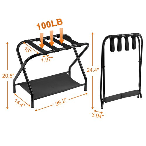 Heybly Luggage Rack,Pack of 2,Steel Folding Suitcase Stand with Storage Shelf for Bedroom, Hotel, Foldable Steel Frame, Guest Room Bedroom Hotel, 26.2" L x 14.4" W x 20.5" H, Black,HLR004B2