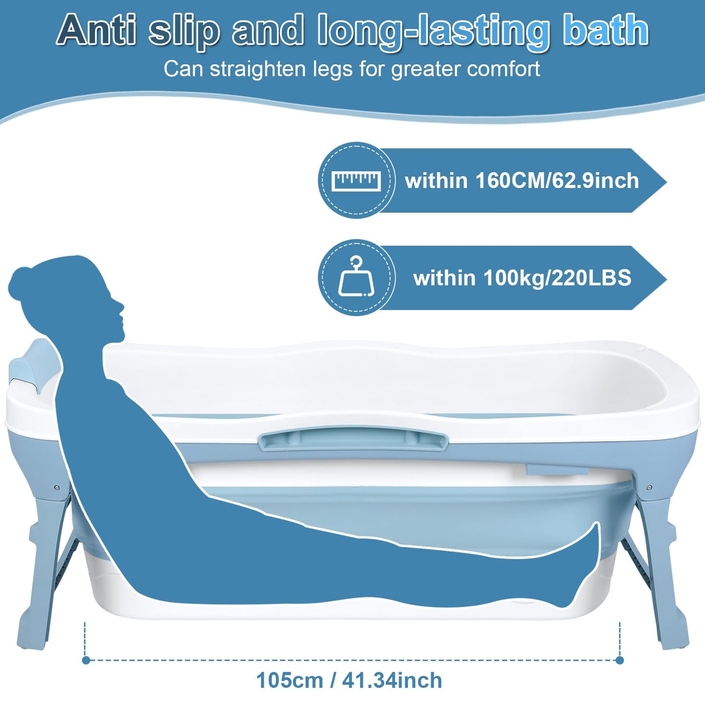 56 Inch Portable Bathtub Adult, Foldable Bathtub, Collapsible Bath Tub For Adult, Foldable Pop Up Outdoor Shower Soaking Hot Spa Bath Tub, Outside Ice Bath 56.3"×24.41"×23.23"