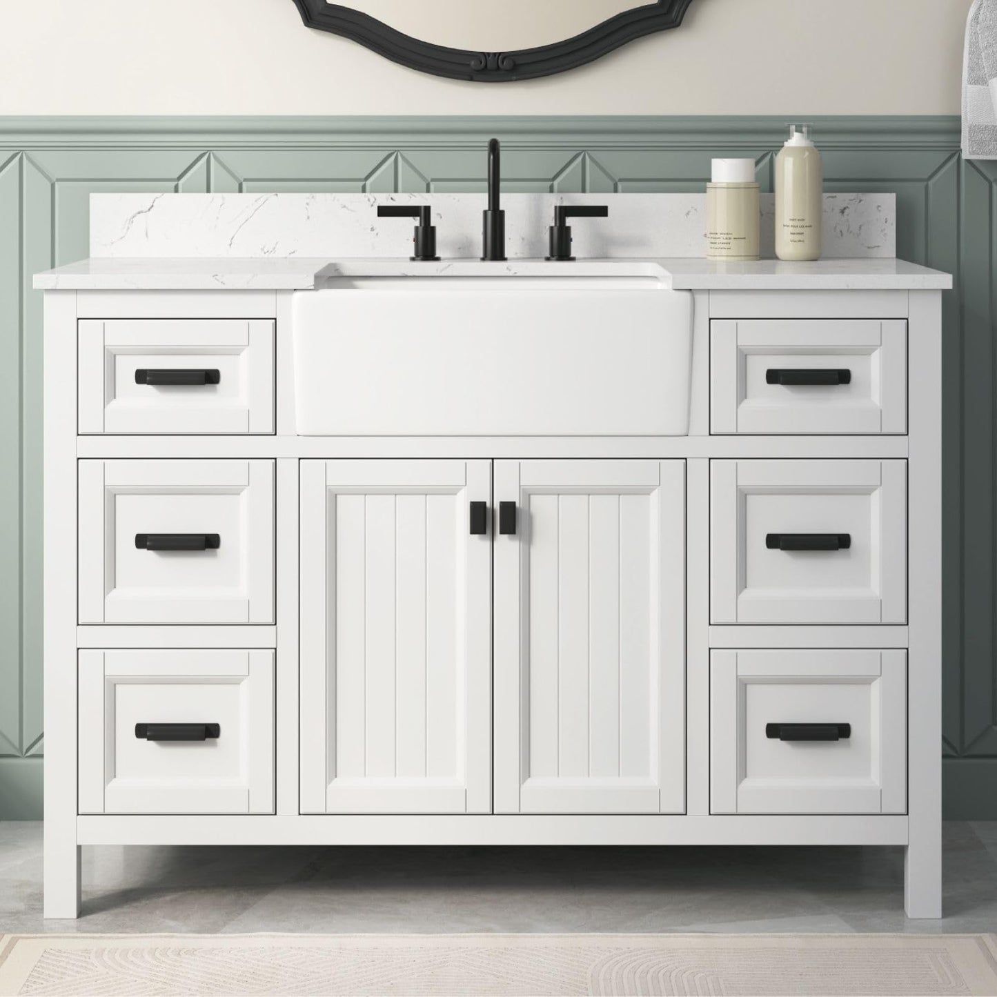 DELUXE LIVING 48 Inch Bathroom Vanity with Apron Farm Sink, White Farmhouse Bathroom Sink Cabinet with Soft Closing Doors & Dovetail Drawers, Single Sink Bathroom Vanity, No Assembly Required