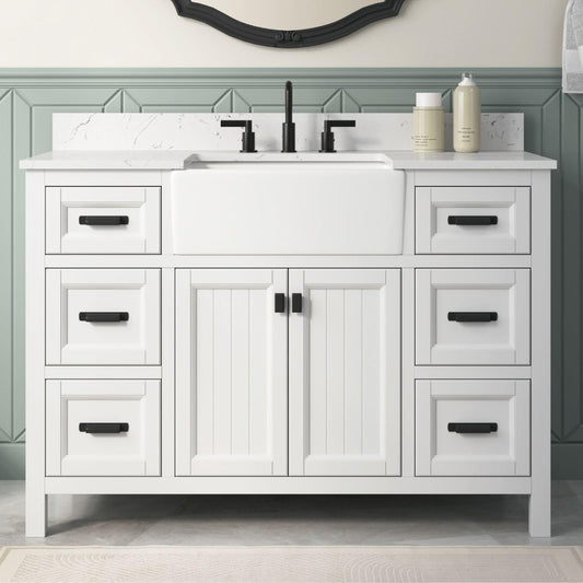 DELUXE LIVING 48 Inch Bathroom Vanity with Apron Farm Sink, White Farmhouse Bathroom Sink Cabinet with Soft Closing Doors & Dovetail Drawers, Single Sink Bathroom Vanity, No Assembly Required