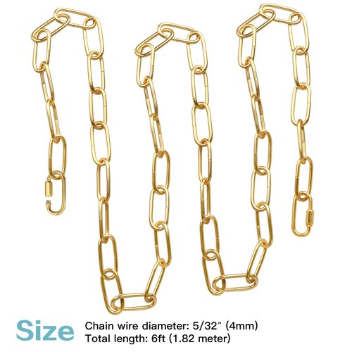 Helunsi Lighting Chain, 6 Feet Bright Gold Light Fixture Chain, Metal Chandelier Chain Extension with Connection Link Lock, Heavy Duty Hanging Lamp Fixture Pendant Ceiling Decorative Lights Kit - 6'
