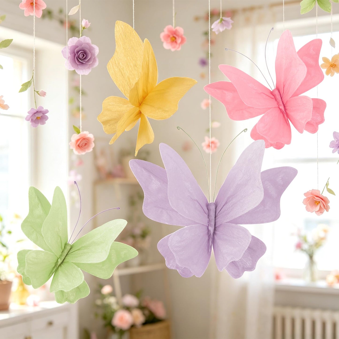 3D Hanging Butterfly Decorations Butterfly Party Decorations 4PCS Pastel Large Paper Butterfly Decorations for Girls Women Wedding Backdrop Birthday Flower Garden Party Decor
