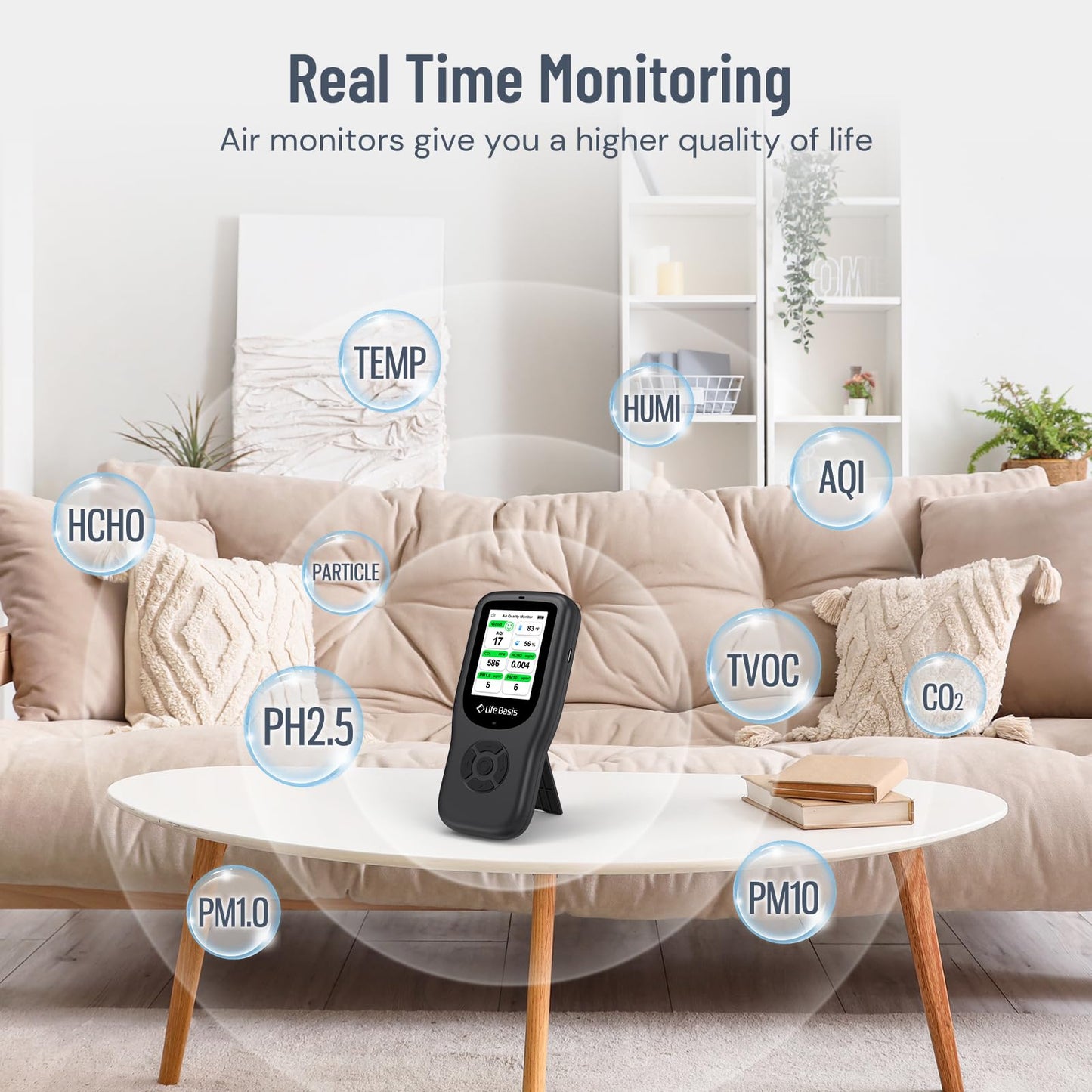 LifeBasis Air Quality Monitor Indoor, 11-in-1 Air Quality Detector with Stand, Real-Time Air Meter Test AQI, PM1.0, PM2.5, PM10, CO2, TVOC, HCHO, Particles, Temperature and Humidity, Dual Alert -Black