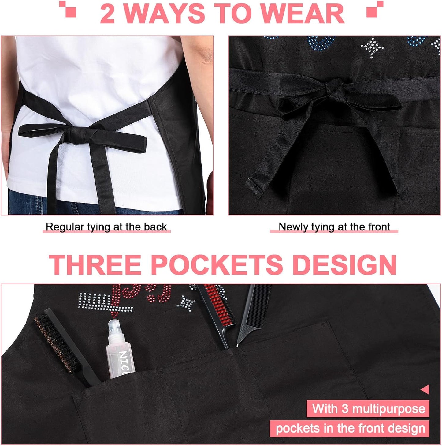 Coume 2 Pcs Hair Stylist Apron Hairstylist Salon Apron with Rhinestone Tools 3 Pockets Waterproof Hairdresser Barber