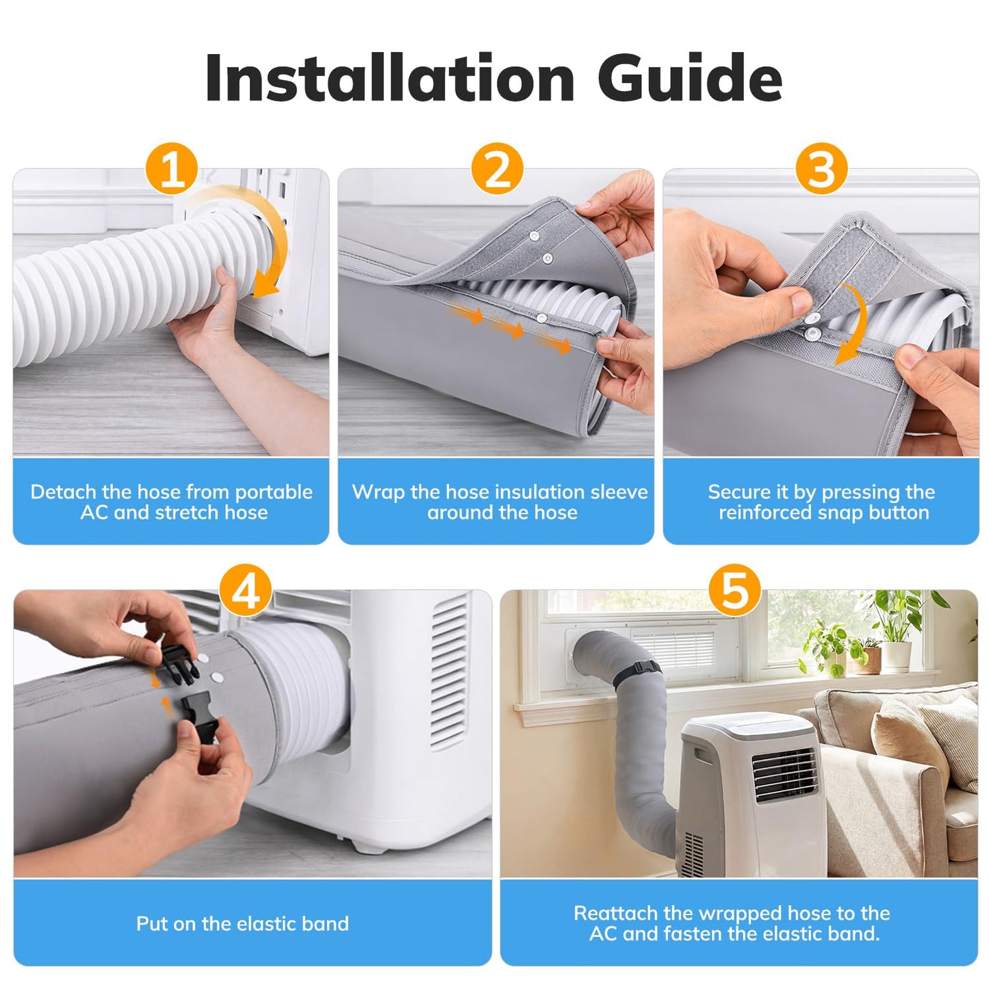 Mrrihand Portable AC Hose Insulation Sleeve for 5" & 5.9" Exhaust Hose, 3-Layer Air Conditioner Hose Cover Wrap Reduces Heat Loss & Improves Cooling, Universal Fit with Buckles & Snap Closure-Gray
