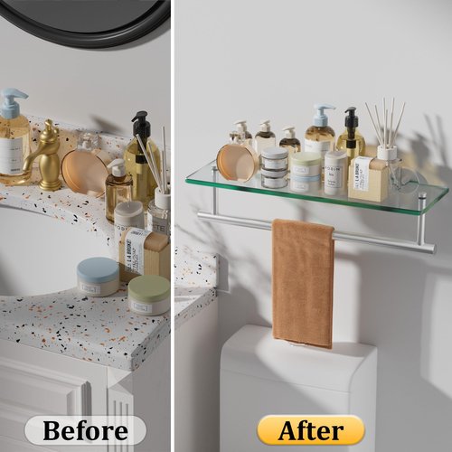 Alise Glass Shelves for Bathroom, 15.7 Inch Floating Glass Shelves for Wall,SUS304 Stainless Steel Floating Shelves for Bathroom, Toilet Room Decoration Brushed Finish GDL400BAR-LS
