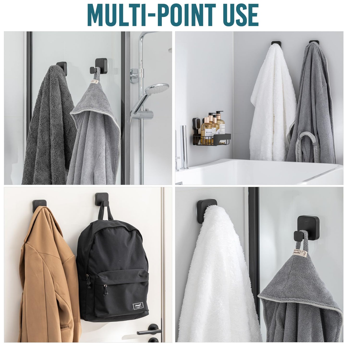 TAILI 304 Stainless Steel Bathroom Suction Hook for Towel, Loofah, Bathrobe, Patented Strong Suction Cup, Damage-Free Hanging Glass Shower Wall Hook, Hold Up to 11 Lbs, 2 Pack, Modern Square, Black