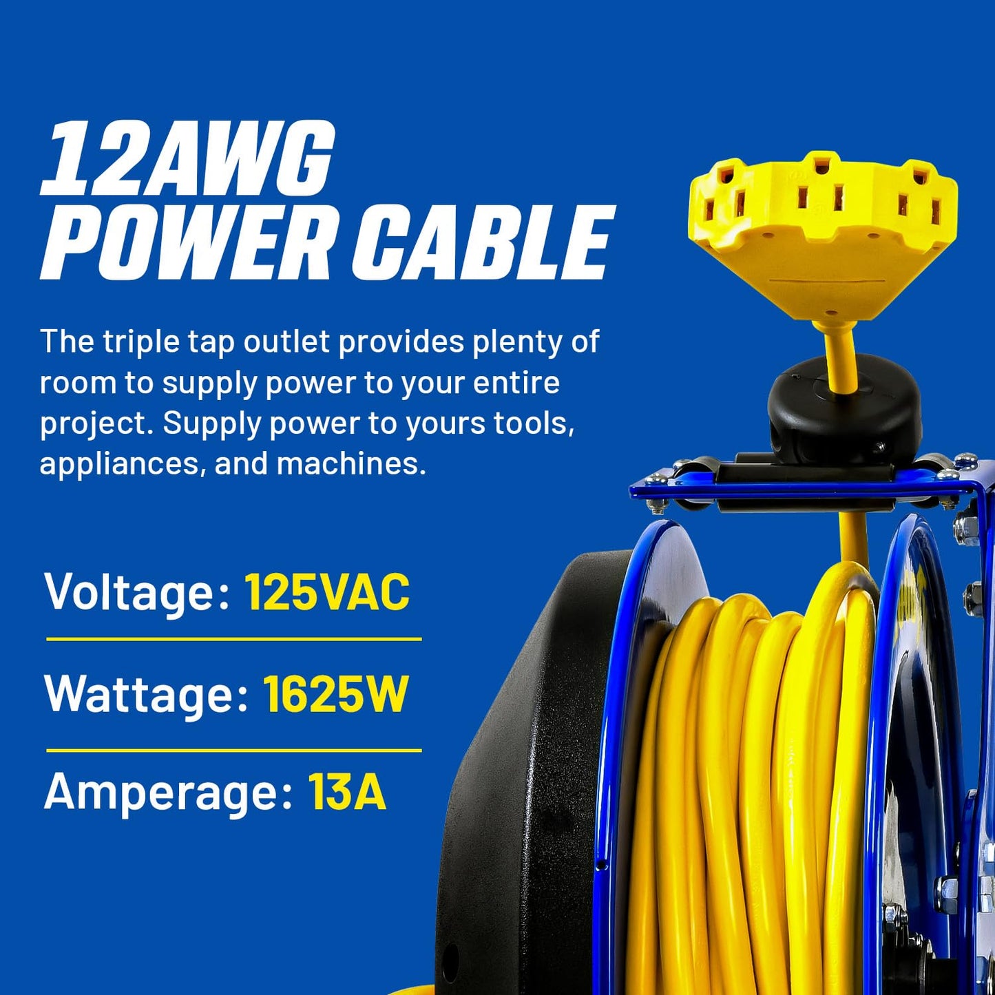 Goodyear Retractable Extension Cord Reel – Heavy-Duty Commercial Cable with Triple Tap Connector, Auto-Rewind & Wall/Ceiling Mountable (Industrial, 12AWG x 80 ft)