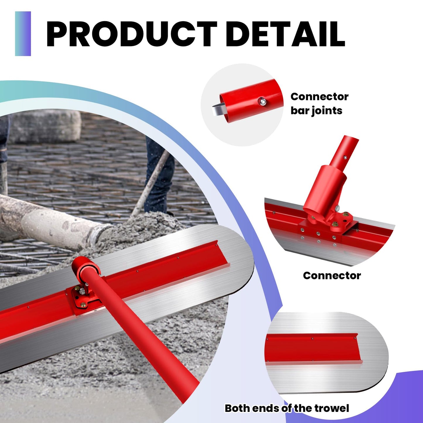 48"x 12"Fresno Concrete Trowel, Bull Float Concrete Tools Round End Stainless Steel Trowel Board with 4 Handles and All-Angle Bracket