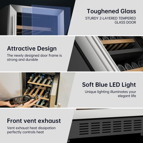 KingChii 12Inch 16 Bottle Dual Zone Wine Cooler Refrigerator Professional Compressor, Stainless Steel & Tempered Glass For Red Wine, Champagne - Built-in or Freestanding for Kitchen, or Office