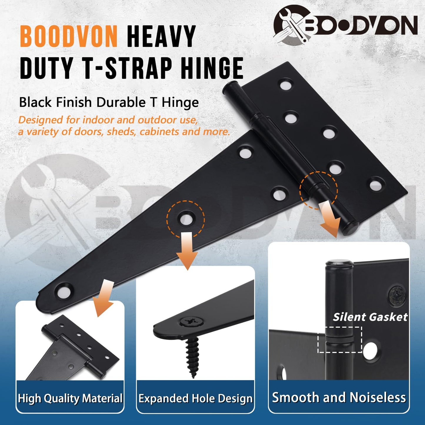 BOODVON 8 Inch T-Strap Gate Hinges, Shed Barn Door Hinges Heavy Duty, Black Tee Hinges for Wooden Fences, Yard Gate, Wrought Hardware Iron Rustproof (2Pack/Set)