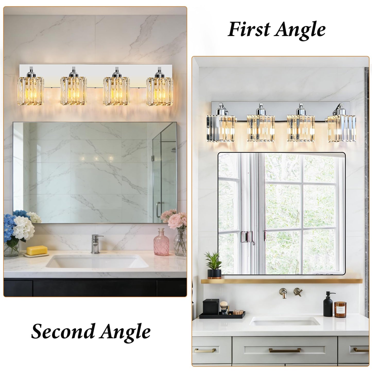 LKHF Brushed Chrome Crystal Bathroom Vanity Light, 4-Light Modern Bathroom Lighting Fixtures Over Mirror,Chrome Wall Sconce Light Fixtures with Square Shade
