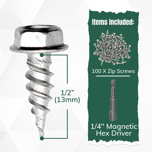A-M Gutter Guard - 1/2" #8 Stainless Steel Zip Screws - Self-Piercing Easy Start Tip - Mill Finish - 1/4" Hex Washer Head - Pack of 100 - Includes 1/4" Magnetic Hex Driver – for Gutter Install