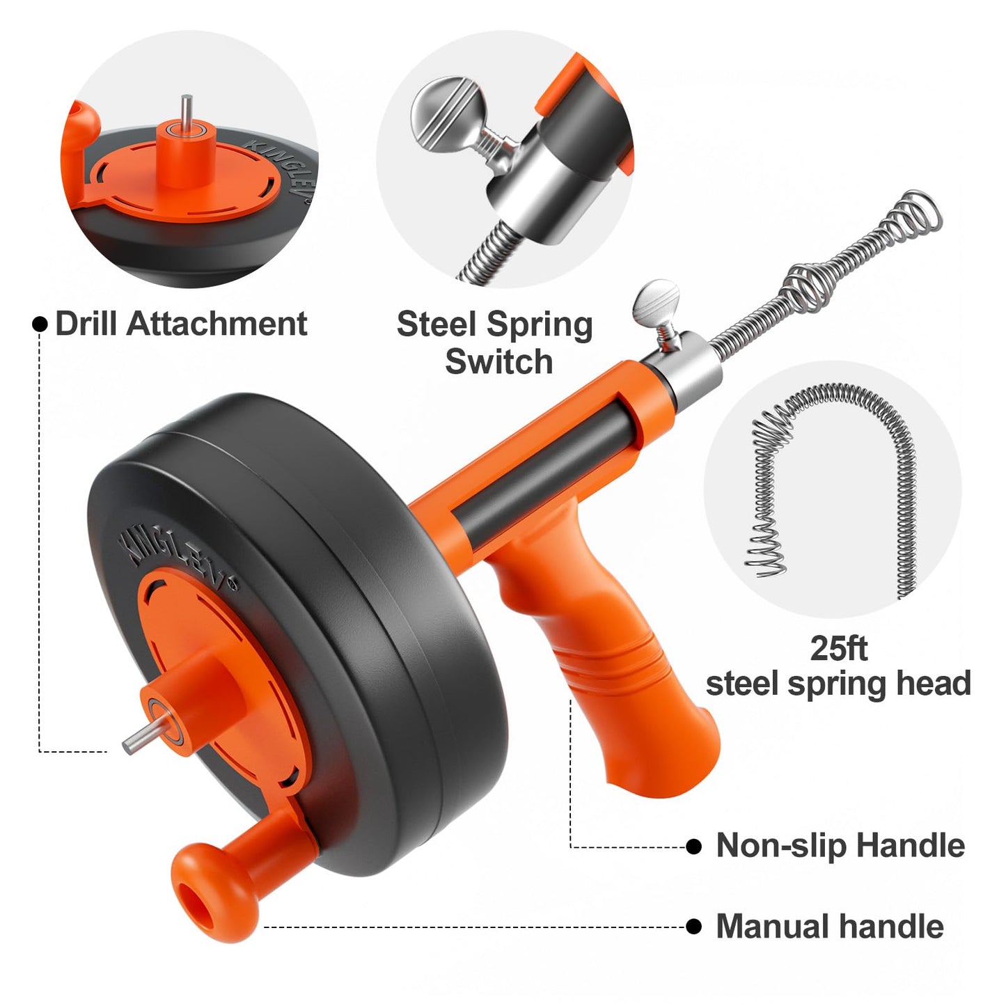 Drain Auger, Drain Snake With Drill Adapter, 25ft Plumbing Auger Heavy Duty Flexible Sink Steel Plumbing Auger Bathroom Hair Clog Removal Tool, Manual Or Powered - No auto retract or feed