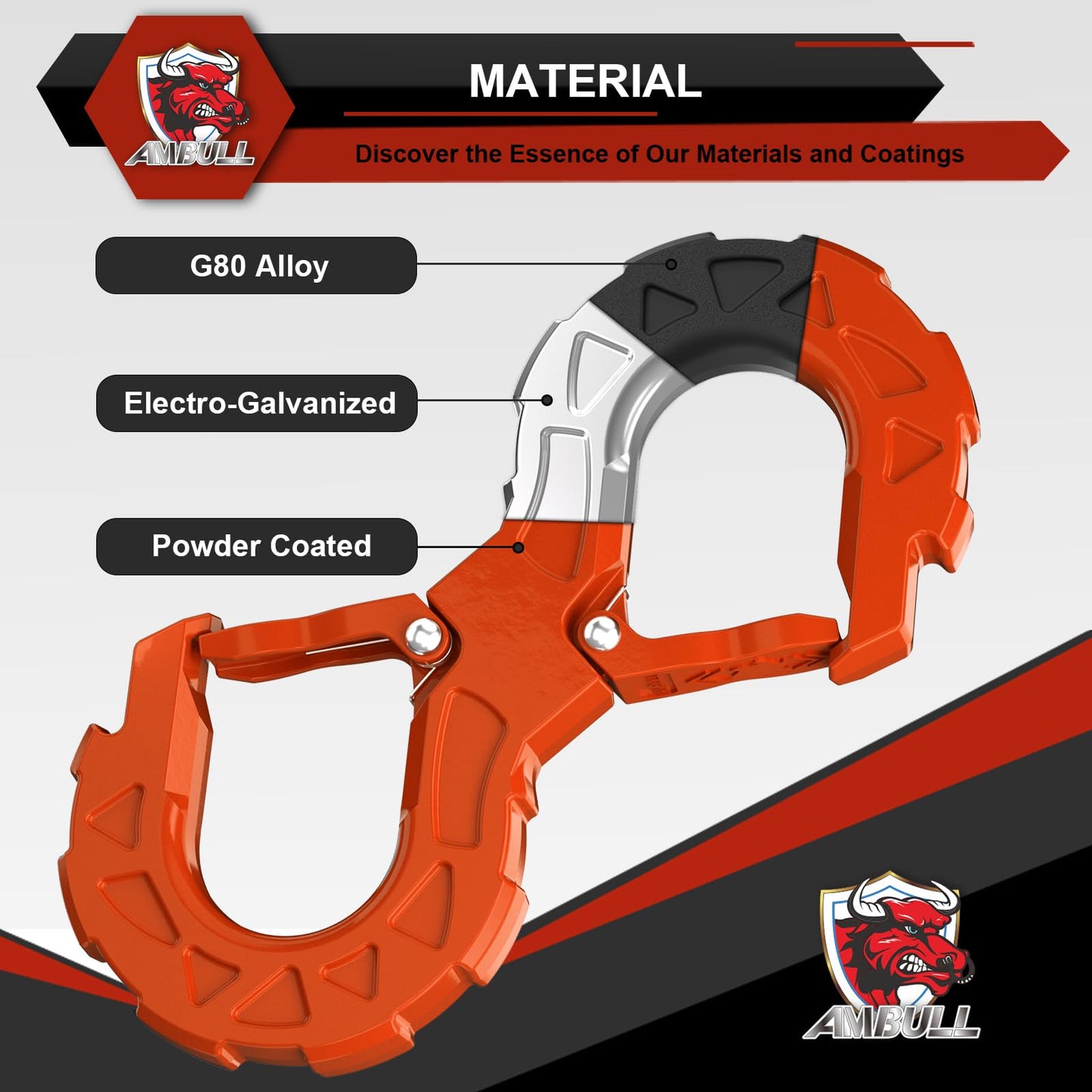 AMBULL 3/8 Tow Hook, Winch Hook for Off-Road Recovery, Towing Shackle 33000 Lbs, G80 Heavy Duty Strength Integrated Winch Quick Shackle, Orange