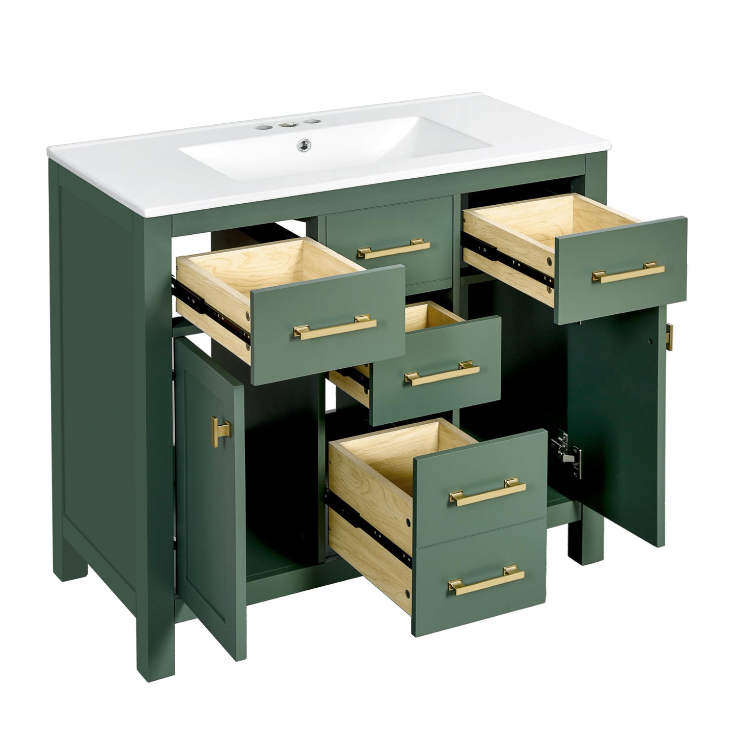LUMISOL 36 Inch Bathroom Vanity with Sink, Modern Green Bathroom Vanity with 4 Drawers & 2 Soft-Close Doors, Solid Wood Bathroom Sink Cabinet with Ceramic Sink, Green