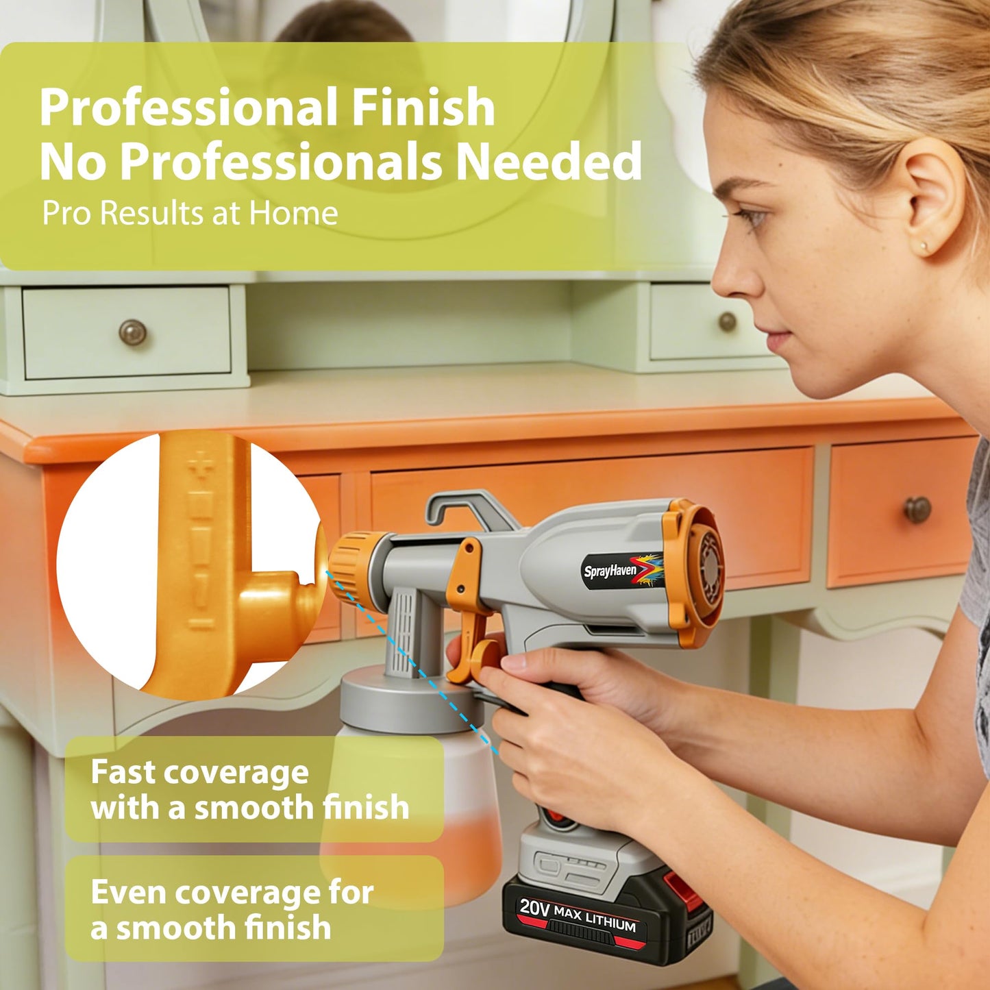 Cordless Paint Sprayer 2 Batteries 2.1 lbs Lightweight HVLP Electric Spray Paint Gun for DIY Homeowners House Painting Furniture Cabinets Walls 5 Nozzles 3 Modes Easy Cleaning
