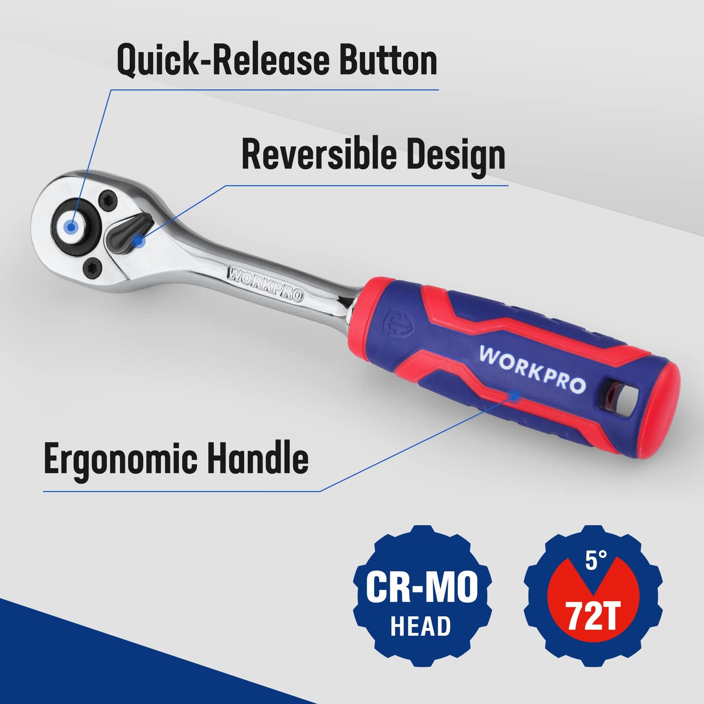 WORKPRO 1/2-Inch Drive Ratchet Wrench, 72-Tooth Reversible Ratchet, Quick-Release 1/2 Drive Ratchet Handle, CR-MO Head, Chrome Plated Finish