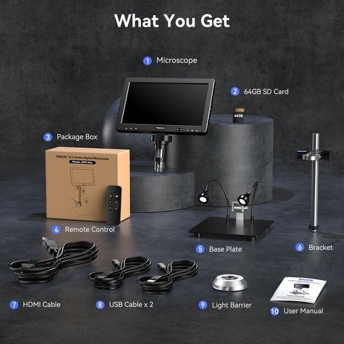 TOMLOV DM9 Max Digital Microscope: 20MP 10.1" 1500X HD IPS HDMI Coin Microscope Magnifier for Error Coins with Screen, LCD Soldering Microscopes for Adults, 10 LED Lights, PC/TV Compatible, 64GB