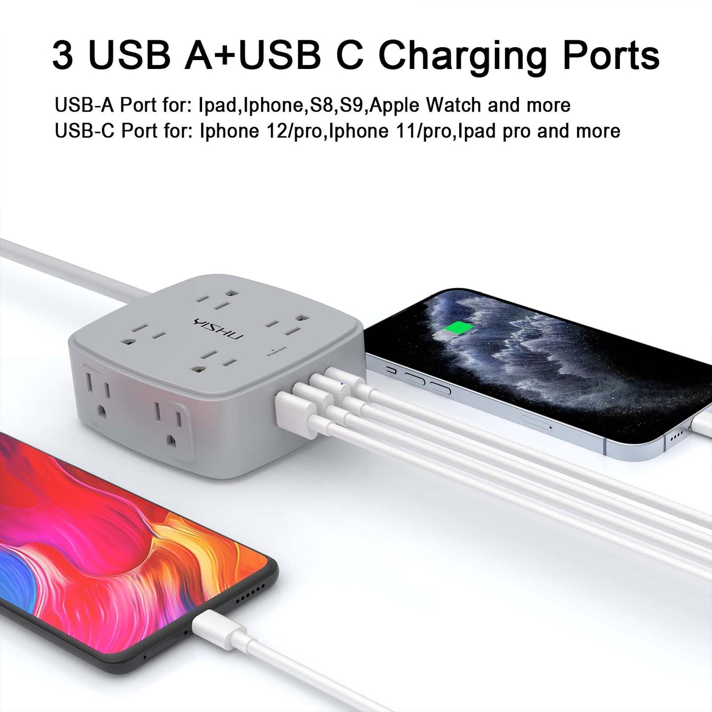 10 Ft Surge Protector Power Strip - 8 Widely Outlets with 4 USB Ports, 3 Side Outlet Extender with 10 Feet Extension Cord, Flat Plug, Wall Mount, Desk USB Charging Station, ETL, Grey
