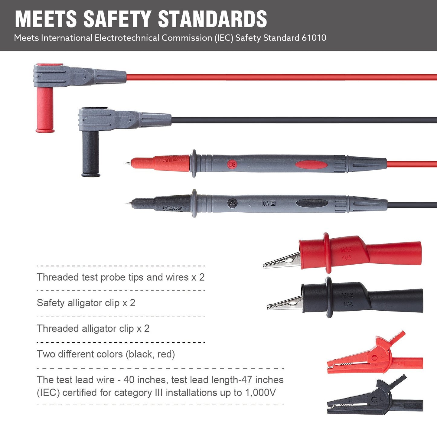 WGGE WG-011 Soft Silicone Test Lead and Safety Alligator Clips,Multimeter Test Leads Kit CAT III 1000V & CAT IV 600V with Threaded Alligator Clip, for Fluke/AstroAI/KAIWEETS/INNOVA Multimeter