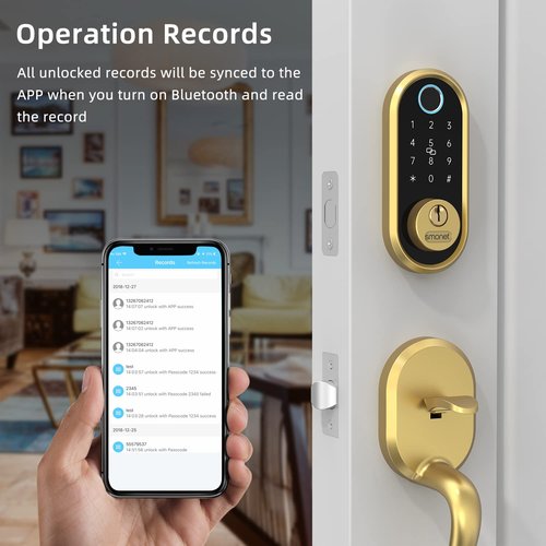 SMONET Smart Front Door Lock - Keyless Entry with Biometric Digital Touchscreen, Bluetooth, Alexa Compatible, Gold