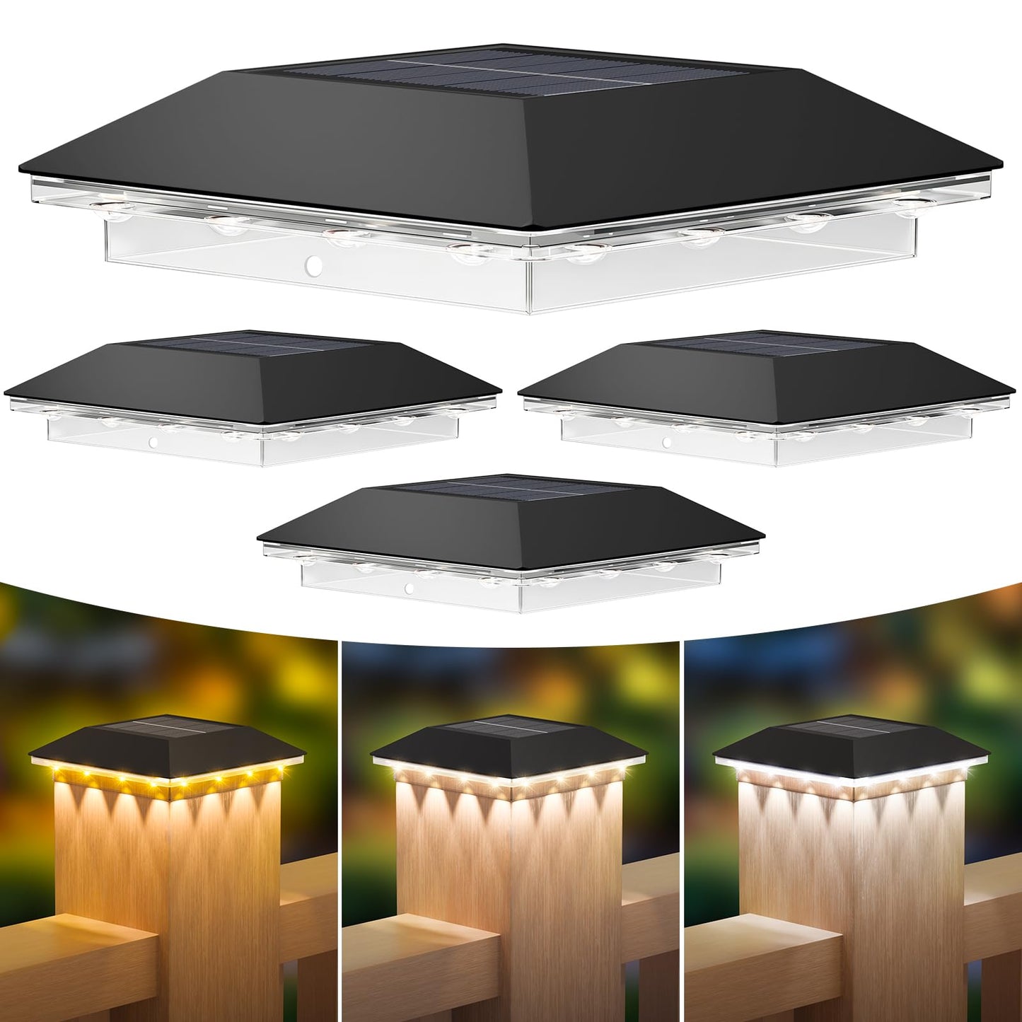 Mlambert 4 Pack Solar Post Cap Lights Outdoor - 3 Lighting Modes Waterproof LED Solar Post Lights Fit 3.5×3.5 Wood/4×4 Vinyl Fence Deck Posts, Black