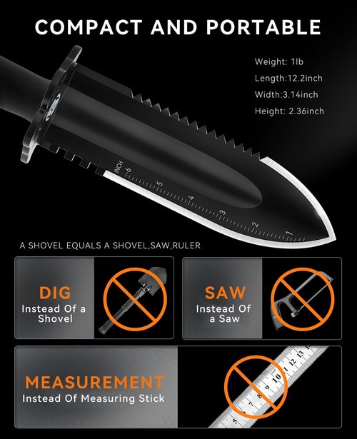 SUNPOW Metal Detector Shovel Digging Tools - Heavy Duty Double Serrated Edge Digger Shovel Knife - Garden Digging Tools with Carrying Sheath - Metal Detector Accessories