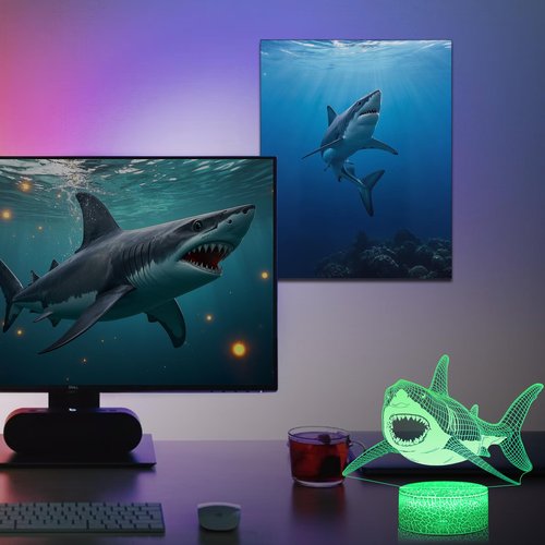 DAHEYMA Shark 3D Light Illusion, 16 Colors LED Dimmable Night Light - Touch and Remote Control, Room Home Decor Shark Lamp with Tpye-C Cable